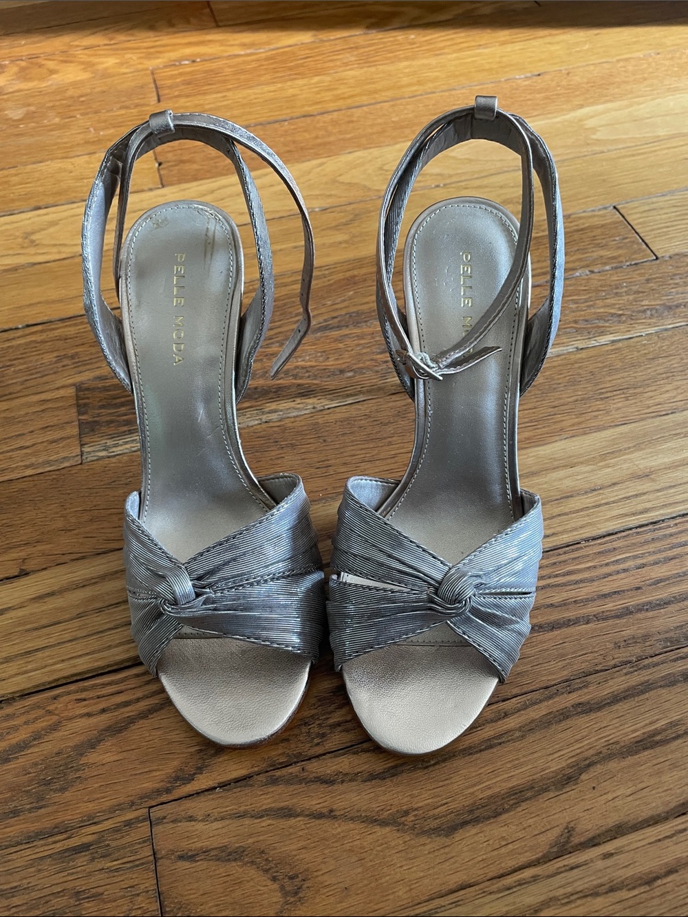Pelle Moda Metallic Silver Knotted Ankle-Strap Heels
